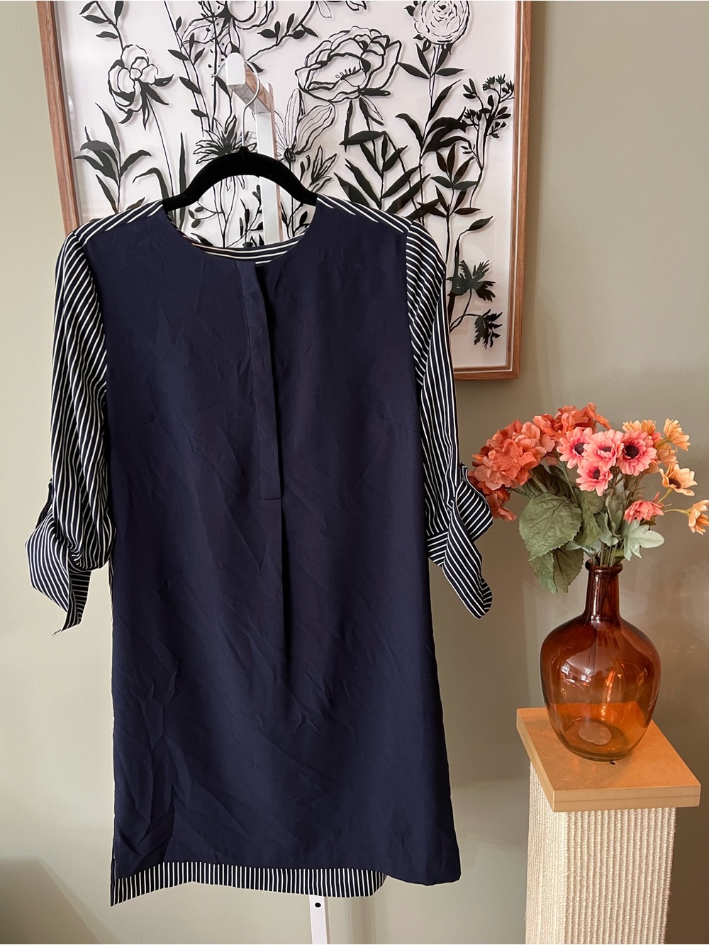 Ann Taylor Loft Navy Blue White Stripped Back Roll Tab Sleeve Shirt Dress Size S